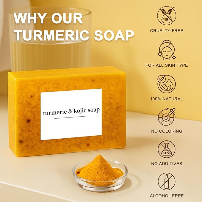 Turmeric Soap for Spots Remover - Honey Lemon Turmeric Kojic Soap Bar for Face and Body, Organic Daily Use Skin Care Soaps, Evens Skin Tone Deep Cleansing Moisturizing (3pcs)
