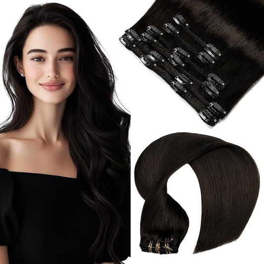 VINBAO Clip in Human Hair Extensions Off Black 16 Inch 100g 6pcs Clip in Hair Extensions Thick Remy Human Hair for Women (#1B,16'')