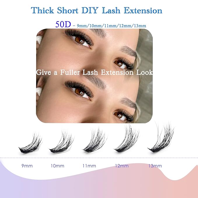 DAODER Short Lash Extension Kit 50D Natural Lash Clusters Kit Wispy Fluffy Eyelash Extension Kit D Curl Individual Lashes Kit 9-13MM Thick Short Eyelash Clusters(Thick Short Eyelash Extension Kit 50P)