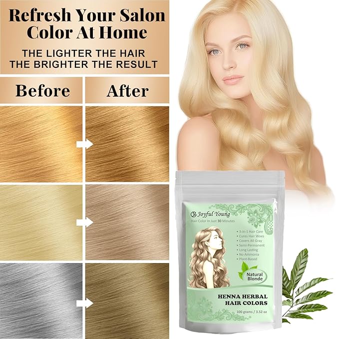 3IN1 Henna Hair Color - 30 Min Fast Herbal Hair Dye for Gray Coverage, Conditioning & Hair Treatment - No Ammonia, Semi-Permanent, Plant-Based (NATURAL BLONDE)