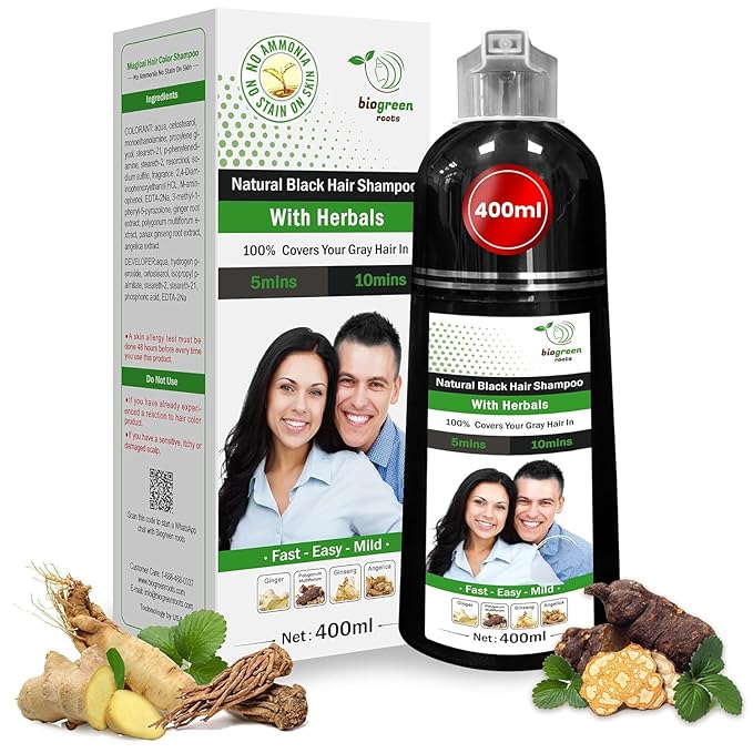 Ammonia-Free & Paraben Free Herbal Hair Shampoo - Hair Dye Shampoo for Women & Men - Natural Color & Herbal Nourishment - No Stain on Skin - Natural Black (400 ml)