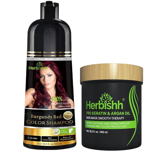 Herbishh Burgundy 3 in 1 Hair Dye Shampoo Keratin & Argan Oil Hair Mask for Dry Damaged Hair 800 ML