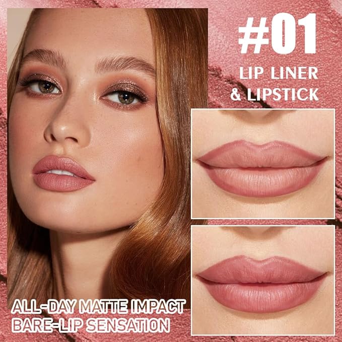 2-in-1 Nude Brown Matte Lip Liner & Lipstick Combo Set,Lips Kit with Lip Liner Lip Stains Long Lasting Waterproof Smudge Proof for Older Women 24 Hours Lipliners Pencil Lipstick Makeup Gift Kit,Vegan
