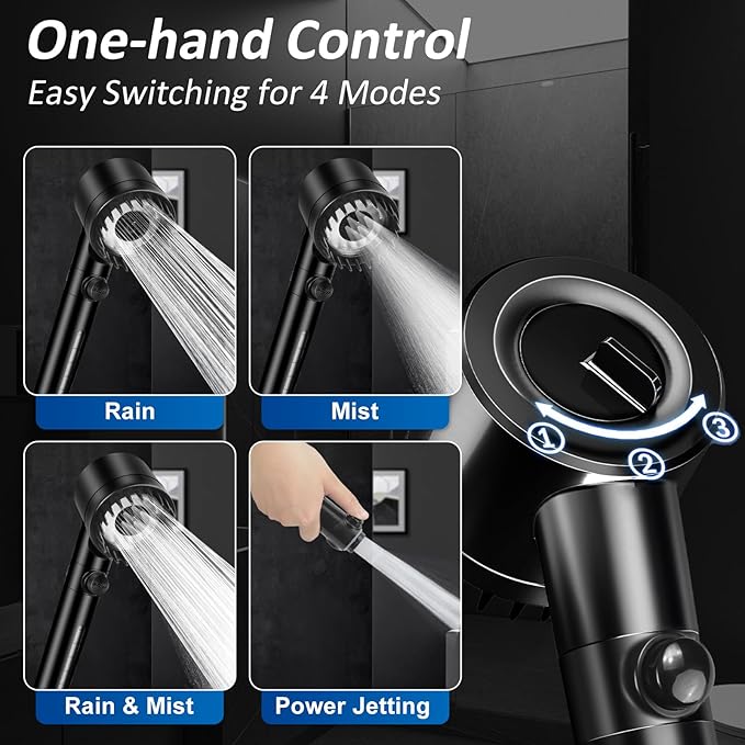 Luxsego High Pressure Shower Heads with Handheld Sprayer, Filtered Shower Head Soften Hard Water with Scalp Massager for Skin & Hair Care, 3 Settings Multi Functional Detachable Shower Head (Black)