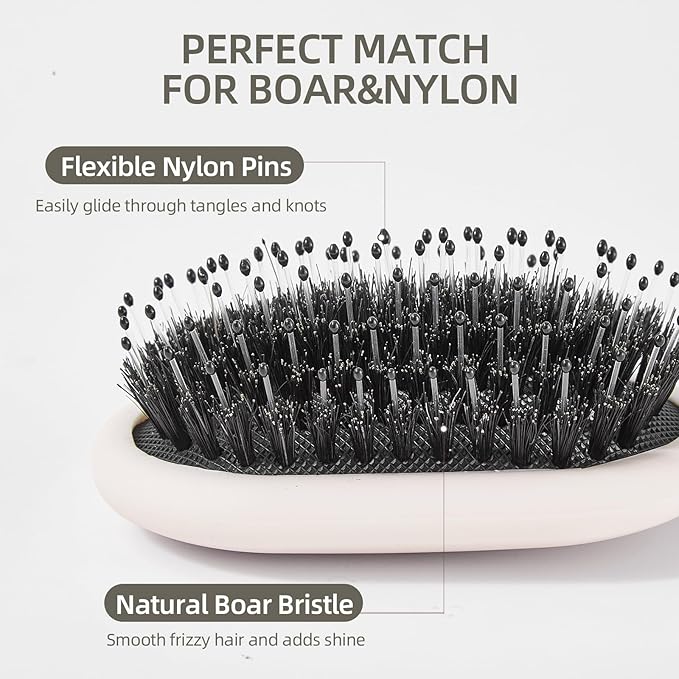 Boar Bristles Hair Brush for Women Men and Kids, Detangling Hair Brush for Smoothing Massage Add Shine, Nylon&Boar Bristles brush for Hair Healthy, Easy to Storage(White)