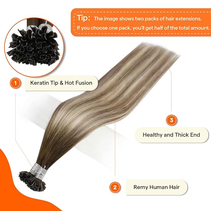 Full Shine U Tip Hair Extensions Human Hair 22 Inch Natural Human hair Extension Balayage Brown Fading to Blonde Highlighted Brown Natural Fusion Hair Keratin Extensions 50 Grams