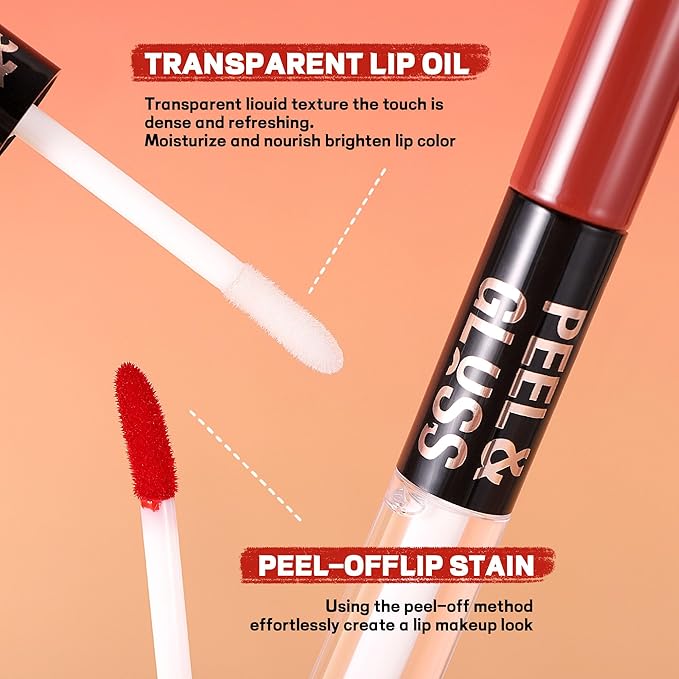 Liquid Lipstick with Clear Lip oil, Dual-Ended Peel-Off Lip Gloss, Long-Lasting Water-proof Lip Gloss (Peach)