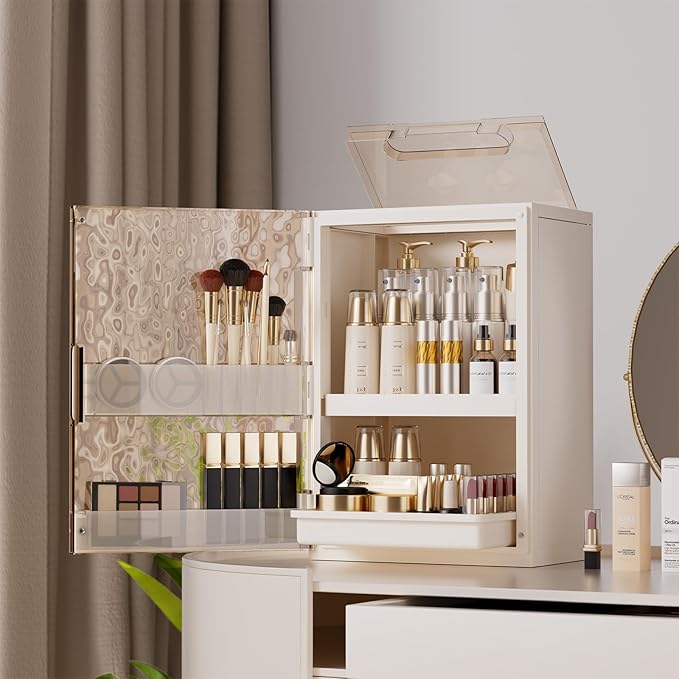 Makeup Organizer with Drawers,Skincare Organizer for Vanity,Large Cosmetic Display Case with Handle,Storage Organizers with Cover and Makeup Brush Holder for Dresser, Bathroom Countertop