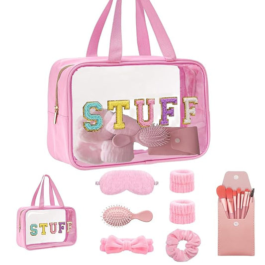 Spa Day Kit for Women - Sleepover Gift Set For Girls Pink Spa Kit and Mini Wet Hair Brush,Teens Initial Makeup Kit with Makeup Brush Set,Bridesmaids Party Favors-Waterproof Toiletry Travel Bag.