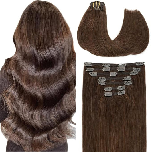 VINBAO Clip in Human Hair Extensions Chocolate Brown Real Human Hair Clip in Hair Extensions For Women 16in 7pcs 140g Dark Brown Full Head Double Weft (#HC4,16'')
