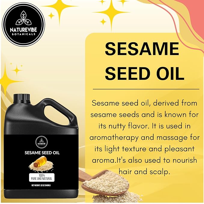 Naturevibe Botanicals Sesame Oil 32 Ounces | 100% Pure and Natural | Great for Skin Care and Hair Care
