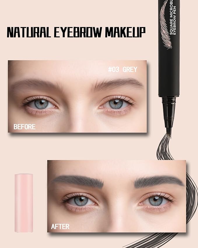 Microblading Liquid Eyebrow Pencil, Waterproof Smudgeproof Multiple Fork Tip Angled Wild Tinted Brow Pen, Filler Dye Eye Brow Pencil Thin Hair Like stroke for shaping,Women Makeup Last All Day-03Grey