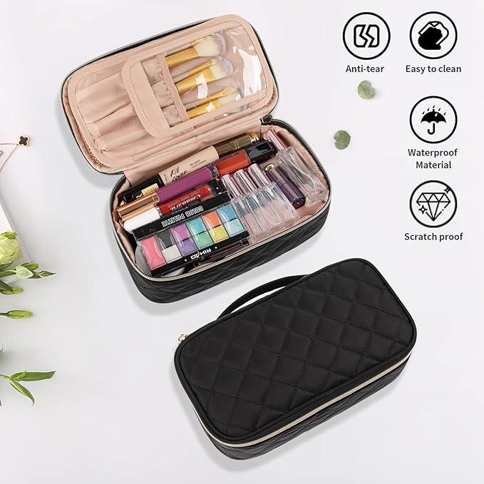 OCHEAL Makeup Bag with Brush Compartment - Small Travel Cosmetic Organizer for Women, Portable Makeup Brush Pouch with Dividers, Cute Toiletry Bag for Girls -Black
