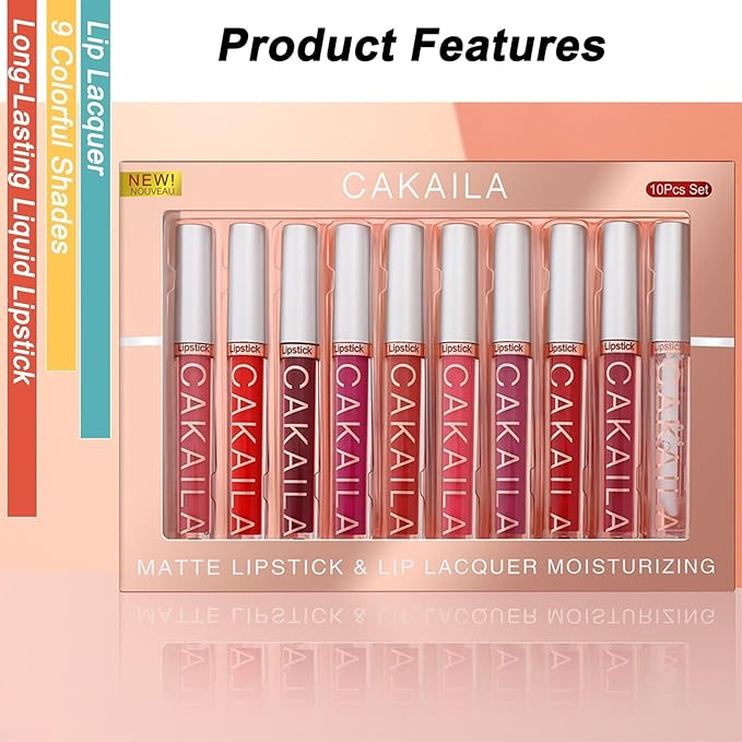 9 Pcs Liquid Lipsticks and Lip Lacquer Set Matte Rich Red Colors Lipstick with Waterproof and Long-Lasting Soft Lip Gloss for Women and Gift (10 Pcs-B)