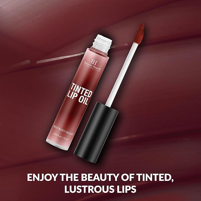 Botanic Hearth Tinted Lip Oil | Moisturizing Lip Gloss Oil For Dry Lips | Deep Red Gloss | Lightweight & Non Greasy | 0.3Fl Oz