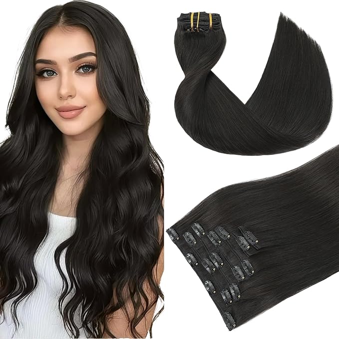 Youngsmile Natural Black Clip in Hair Extensions, Real Human Hair Clip in Extensions, Double Drawn Human Hair 22inch 7Pcs 120g Natural Black Add Hair Volume (CLIP#1B-22Inch)