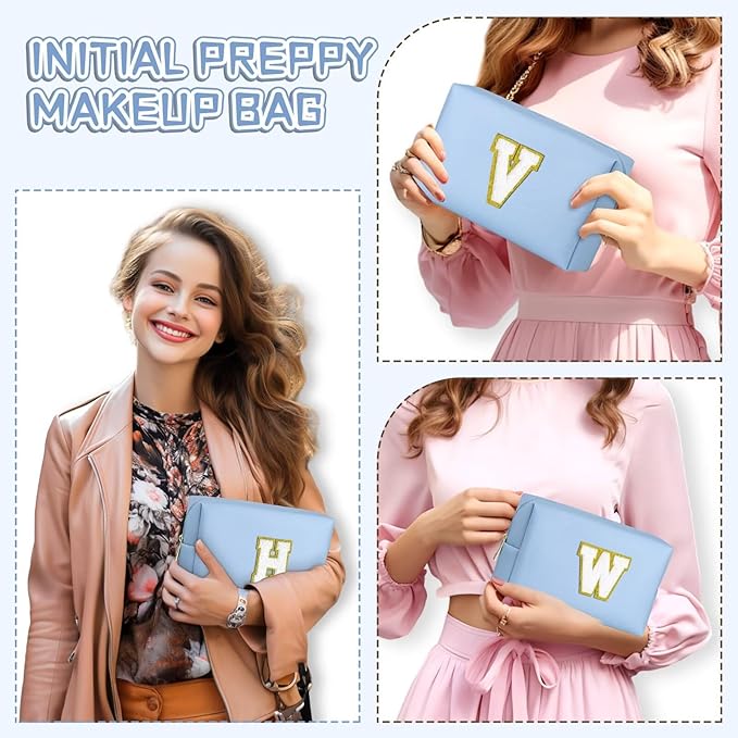 TOPEAST Preppy Makeup Bag, Small Cosmetic Travel Bags for Women, PU Leather Waterproof Toiletry Bag with Zipper, Personalized Birthday Gift for Women Girl, Preppy Gifts for Girl (Sky Blue Z)