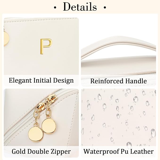 Birthday Gifts for Women Teen Girl, Personalized Initial Makeup Organizer Bag Set, Open Flat Travel Cosmetic Bag With Clear Divider and Handle(Beige,P)
