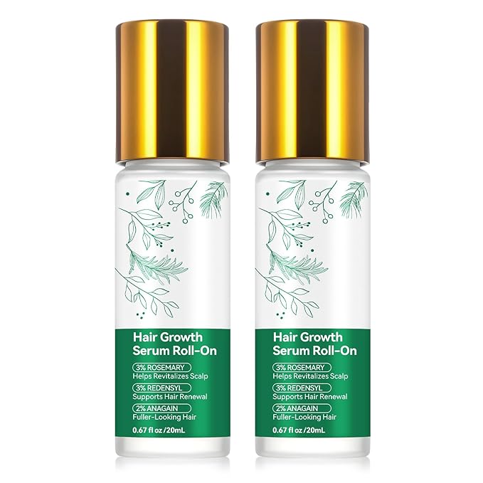 Rosemary Hair Growth Serum Roll On, Hair Thicker Serum with 3% Rosemary, 3% Redensyl & 2% Anagain, Scalp Serum, Reduces Hair Fall & Follicle Strengthener, Thicker, Fuller Hair, All Hair Types (2PCS)