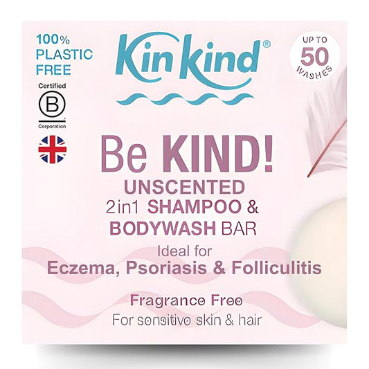 KinKind Be KIND! Unscented Shampoo Bar & BodyWash bar | 2in1 for Hair & Body | Unscented for Sensitive Scalp | Natural Shampoo Bar, Fragrance, Linalool & Limonene Free | Up to 50 Washes