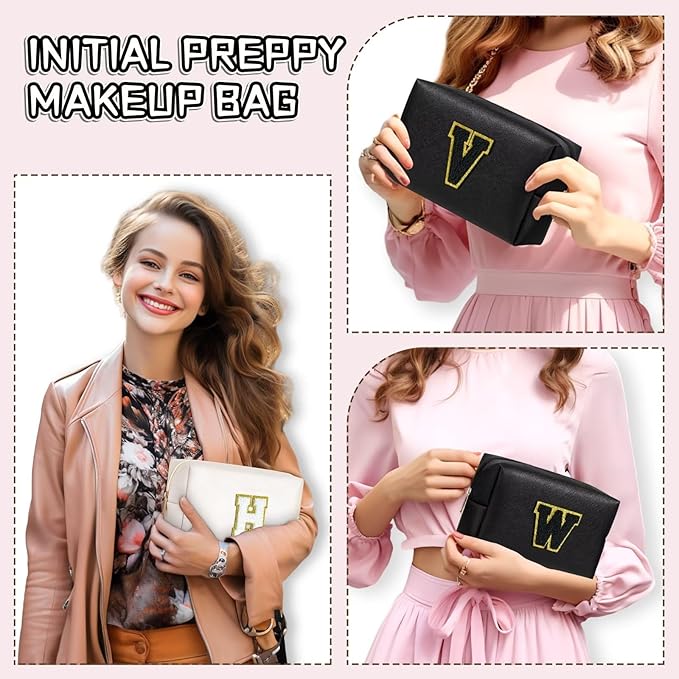 TOPEAST Initial Cosmetic Bag for Women, Preppy Small Makeup Bag, PU Leather Waterproof Toiletry Bag, Monogrammed Birthday Gifts for Women, Stuff for Girls (Black S)
