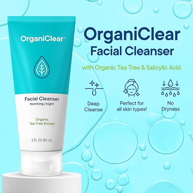 Facial Cleanser w/Organic Tea Tree & Salicylic Acid – Gentle Daily Foaming Gel Face Wash for Deep Cleansing & Makeup Removal – Unclogs Pores, Eliminates Dirt & Oil - No Dryness, (2 oz)