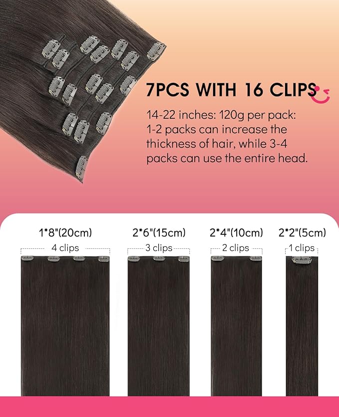 Youngsmile Human Hair Clip in Extensions, 16 Inch 7 Pcs 120 Gram, Darkest Brown Clip in Hair Extensions for Women, Double Weft Hair Extensions (CLIP#2-16Inch)