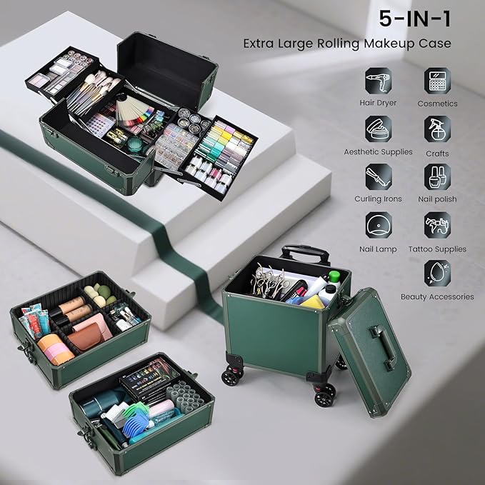FRENESSA Rolling Makeup Train Case Cosmetology Case on Wheels 5 in 1 Makeup Case with Lid Rolling Large Make Up Organizer for Artist Barber Salon Nail Teach Kits Professional Cosmetic Box Green