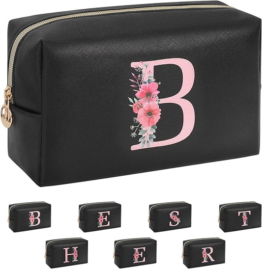 Personalized Initial Makeup Bag, Birthday Gifts for Women and Girls, Small Makeup Pouch Travel Toiletry Bag, Make Up Organizer Bag Gift Trendy Stuff for Friend Mom Teacher, Black