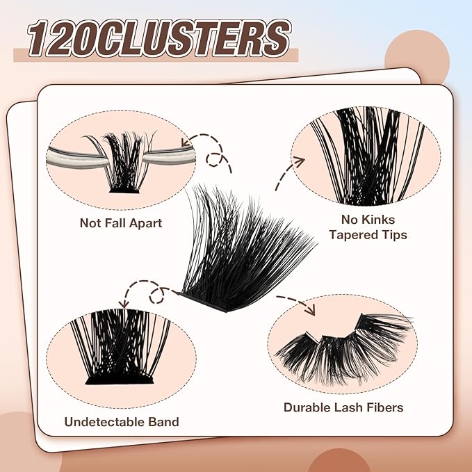 Lash Clusters Kit, DIY Cluster Eyelash Extensions 14‑20mm, 200D, 120pcs Fluffy D Curl Natural Lashes–Fake Cat Eye Individual Clusters