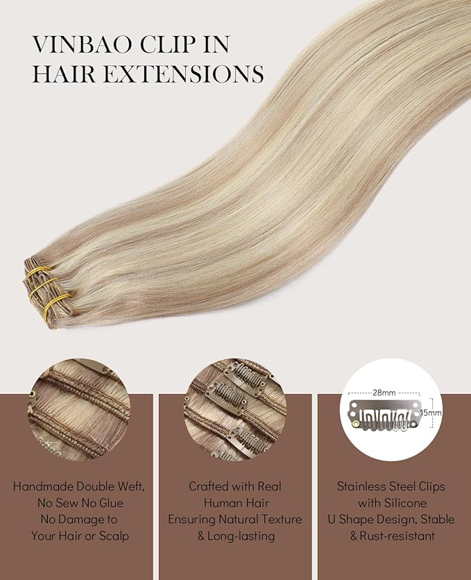 VINBAO Hair Extensions Clip in Human Hair Ash Blonde with Bleach Blonde Silky Soft Long Straight 22inch Remy Human Hair Salon Quality For Women 120g 6Pcs Invisible (#18P613, 22)