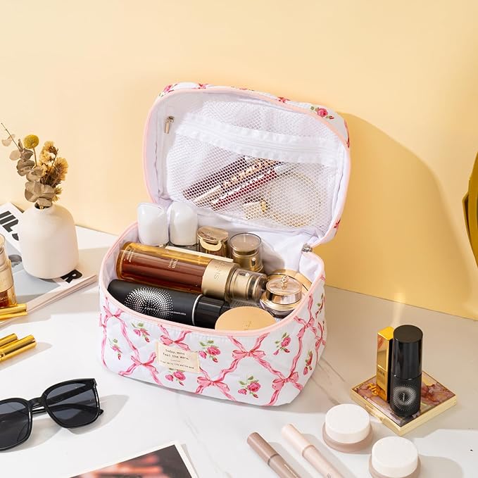 Makeup Bag for Women Quilted Cotton Make Up Bag Travel Cosmetic Bag Large Makeup Bag Cute Bow Makeups Organizer Floral Toiletry Pouch for Purse