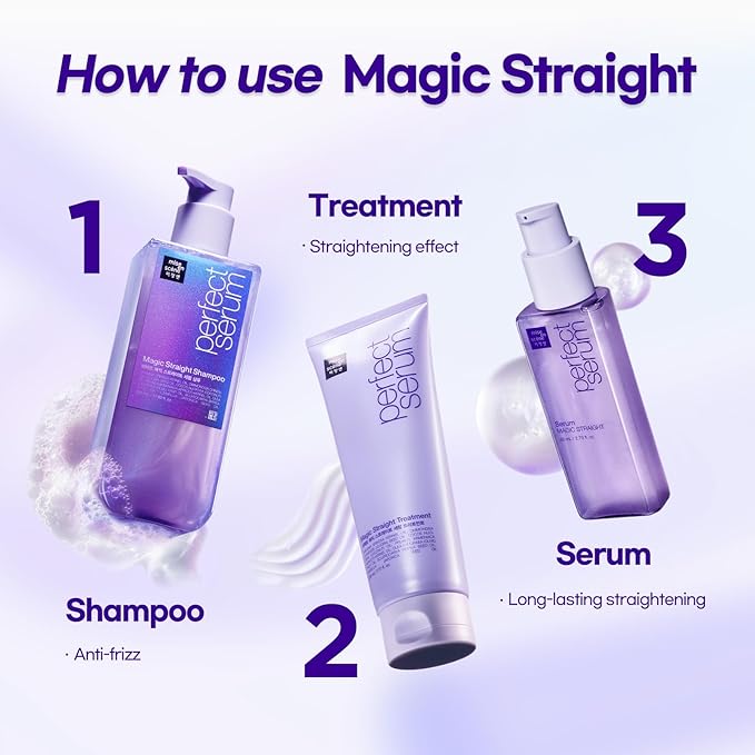 Mise En Scene Perfect Serum Magic Straight Shampoo | Anti-Frizz, Heat Protectant, Hair Straightener Effect, Korean Shampoo for Frizz Control, Shine and Smoothing 17.92 Fl Oz