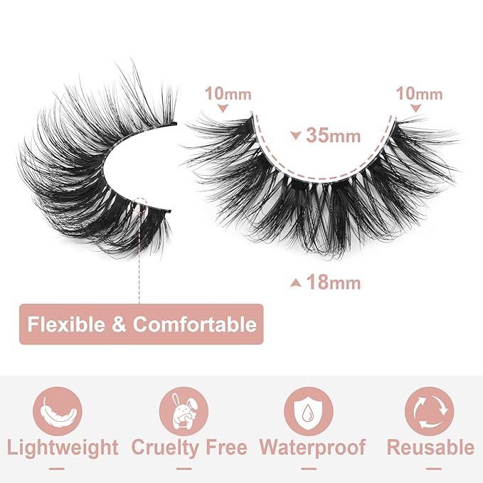 False Eyelashes Clear Band Faux Mink Lashes 18mm Long Dramatic Invisible Wispy Lashes Fake Eye Lashes Pack by Kiromiro