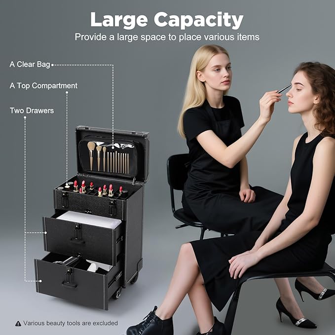 Makeup Train Case, Rolling Makeup Trolley Case, 3 Tiers Lockable Nail Polish Organizer with 2 Keys 4 Wheels (2 with Brakes) for Travel Makeup Artists Nail Technicians (Black Case, Black Lock)