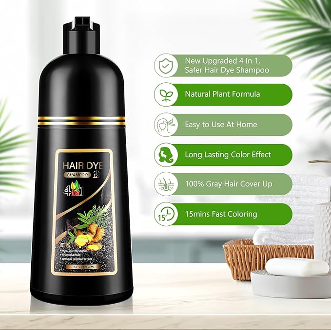 4 in 1 Dark Brown Hair Dye Shampoo for Gray Hair, Semi-Permanent Instant Hair Color Shampoo for Women and Men, Herbal Ingredients Hair Care, 100% Grey Coverage 500ml(Coffee/Dark Brown)