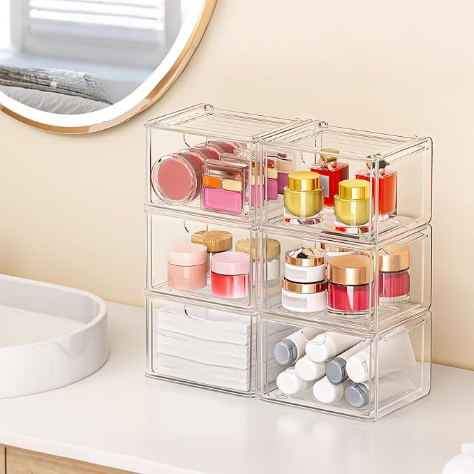 Stackable Stroage Drawers, Acrylic Makeup Organizer, Plastic Storage Bins For Vanity, Undersink, Kitchen Cabinets, Pantry, Home Organization – Clear