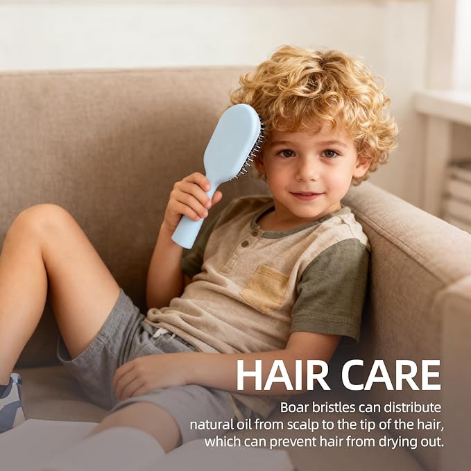 Boar Bristles Hair Brush for Women Men and Kids, Detangling Hair Brush for Smoothing Massage Add Shine, Nylon&Boar Bristles brush for Hair Healthy, Easy to Storage(Blue)