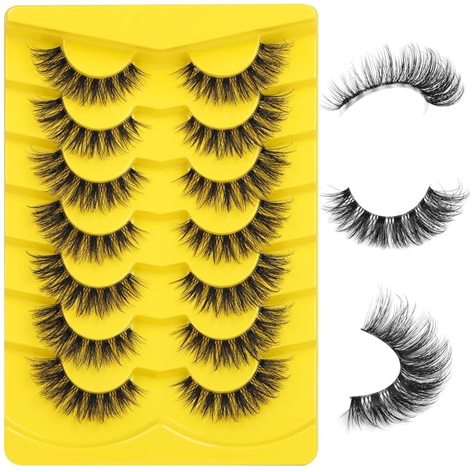 Kiromiro Lashes Natural Look False Eyelashes Clear Band Wispy Faux Mink Eyelashes Fluffy 15mm Natural False Lashes Cat Eye Strip Lashes Pack 7 Pairs