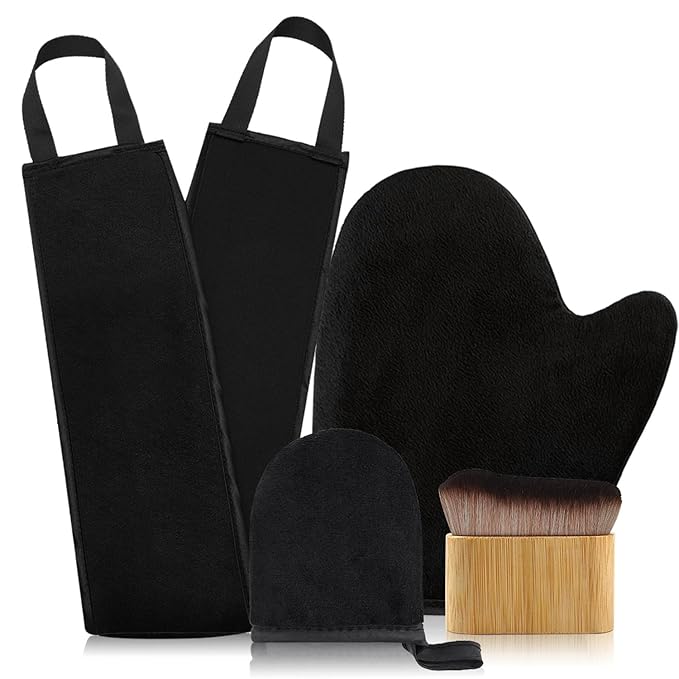 FUNAN Self Tanning Application Kit, 4-Piece Set with Back Applicator, Mini Mitt, Tanning Mitts and Ultra Soft Self Tanner Brush Bamboo Kabuki Brush, Black