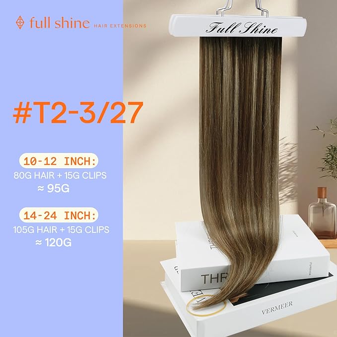 Full Shine Balayage Clip in Hair Extensions Remy Human Hair 14 Inch 120 Grams Hair Extensions Clip ins Double Weft Dark Brown Ombre Brown With Honey Blonde Straight Hair 7 Pcs