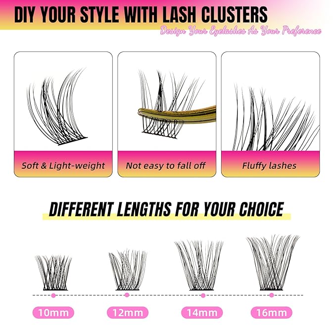 Lash Clusters Kit Individual Eyelash Extension Kit with 72 Pcs Cluster Lashes Bond and Seal Lash Remover Applicator and Complete Tools for DIY Fake Eyelashes Extension at Home (Baby Kit-D-Mix10-16mm)