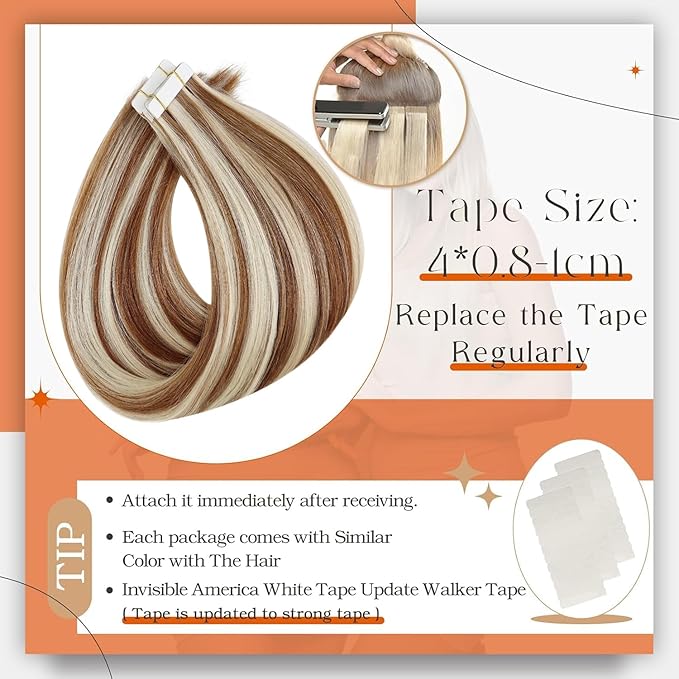 Full Shine Highlight Blonde Tape in Human Hair Extensions 330P800 Tape Hair Extensions Real Human Hair 14Inch Glue in Extensions Human Hair Seamless Tapes Extensions Double Sided Tapes 50Gram 20Pcs