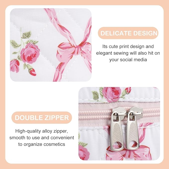 Makeup Bag for Women Quilted Cotton Make Up Bag Travel Cosmetic Bag Large Makeup Bag Cute Bow Makeups Organizer Floral Toiletry Pouch for Purse