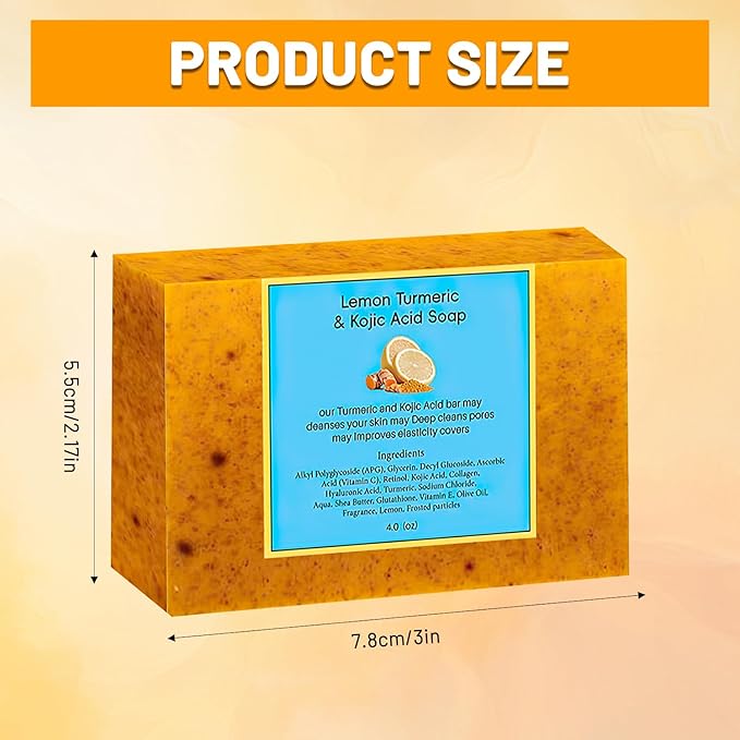 Lemon Turmeric Kojic Soap - Turmeric Soap Bar for Face and Body, Natural Handmade Soaps Bar for All Skin Types, Daily Use Skin Care Deep Cleansing Moisturizing (2pcs)