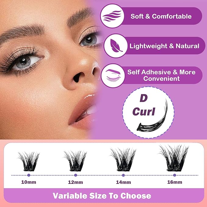 Self Adhesive Eyelashes 80Pcs Self Adhesive Lash Clusters Press On Lashes No Glue Needed Pre-Glued Glueless Lashes Clusters No Remover No Residue with Tweezers（Thick-Volume）