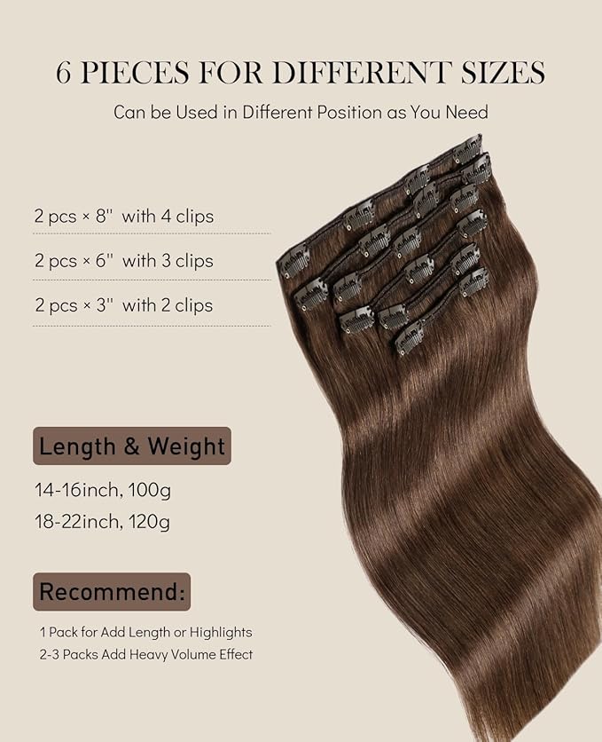 VINBAO Clip in Hair Extensions Real Human Hair 20Inch 6pcs 120G Silky Straight Color 4 Chocolate Brown Clip in Human Hair Extensions Full Head Double Drawn (#4,20'')