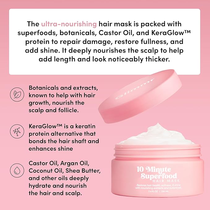 Glimmr 10-Minute Hair Mask for Damaged Hair – Deep Conditioner with Bonding Protein, Castor Oil & Superfood Extracts – Restores Shine, Reduces Breakage, Softens, Strengthens & Adds Fullness