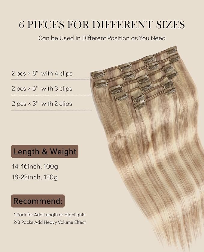 VINBAO Clip in Hair Extensions Real Human Hair Ash Blonde with Bleach Blonde Silky Long Straight Human Hair 100% Remy Human Hair Salon Quality For Women 14in 100g 6PCS (#18P613, 14)