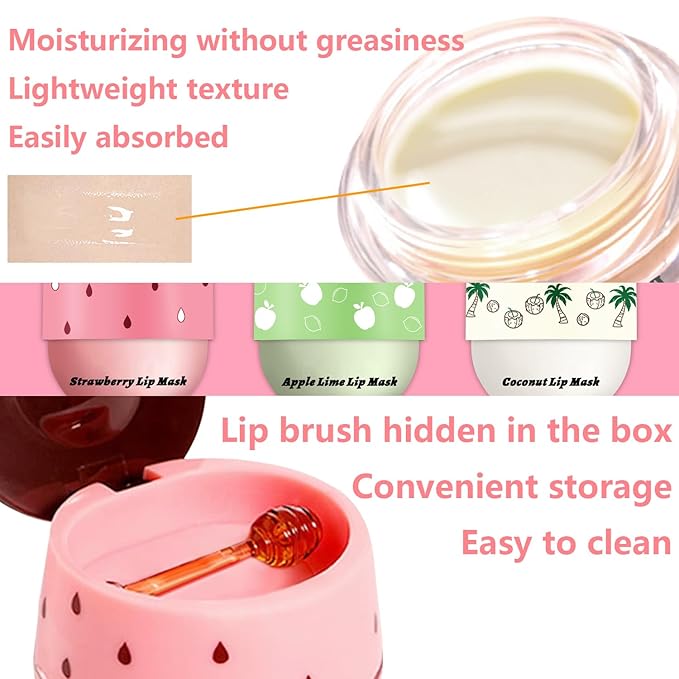 3 Pcs Bee Coconut Apple Honey Pot Lip Mask Sleeping Mask Hydrate Repair Prevent Dry Cracked Lip Exfoliator Care (Strawberry+Apple Lime)
